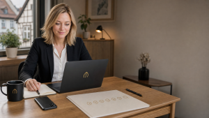 AI Sichtbarkeitscheck KMU: Toni prueft mit Laptop und Auditmappe die lokale Sichtbarkeit eines Betriebs