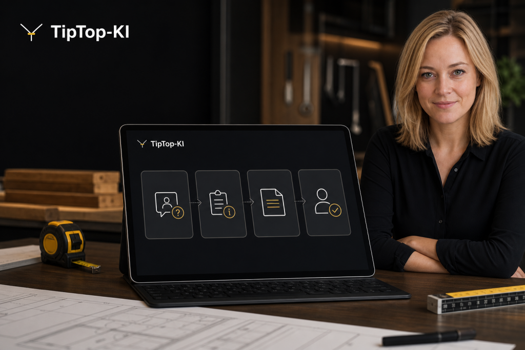 KI-Agenten im Handwerk: Toni von TipTop-KI zeigt einen digitalen Ablauf für Kundenanfragen und Angebotsvorbereitung.