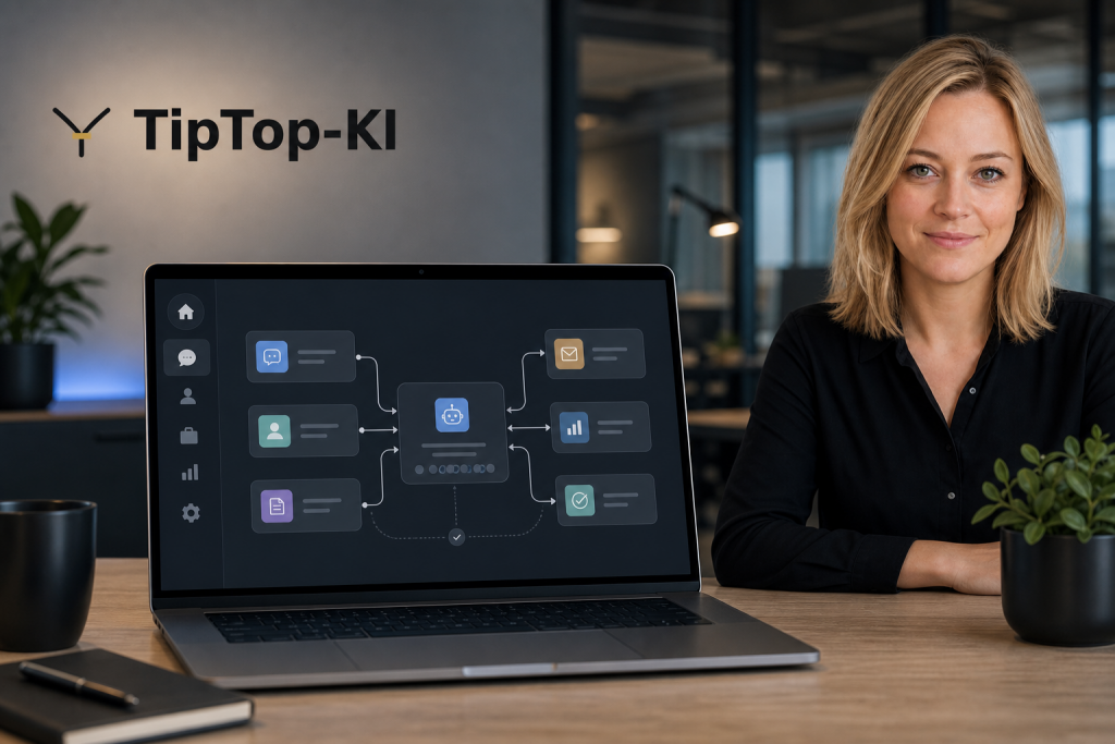 KI-Agenten für kleine Unternehmen: Toni als dezente TipTop-KI Markenbotschafterin neben einem digitalen KI-Agenten-Ablauf.