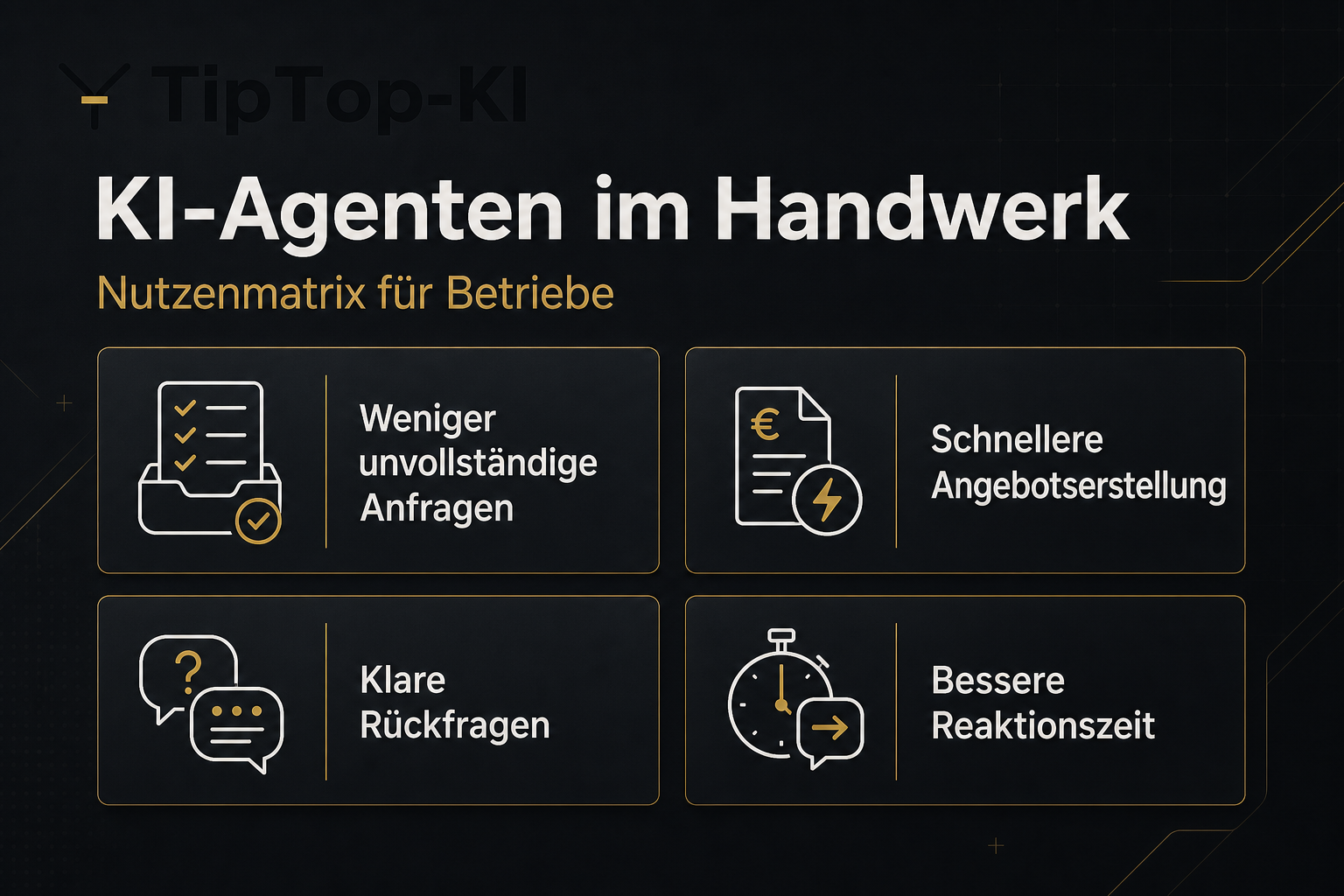 KI-Agenten im Handwerk: Nutzenmatrix für weniger Anfragechaos, schnellere Angebote und bessere Kundenantworten.