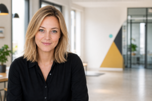 Toni, KI-Assistent von TipTop-KI, in einem modernen Büro mit TipTop-KI Markenfarben