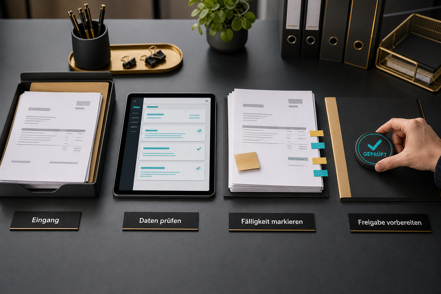E-Rechnung KI KMU Workflow: Eingang, Daten prüfen, Fälligkeit markieren und Freigabe vorbereiten.